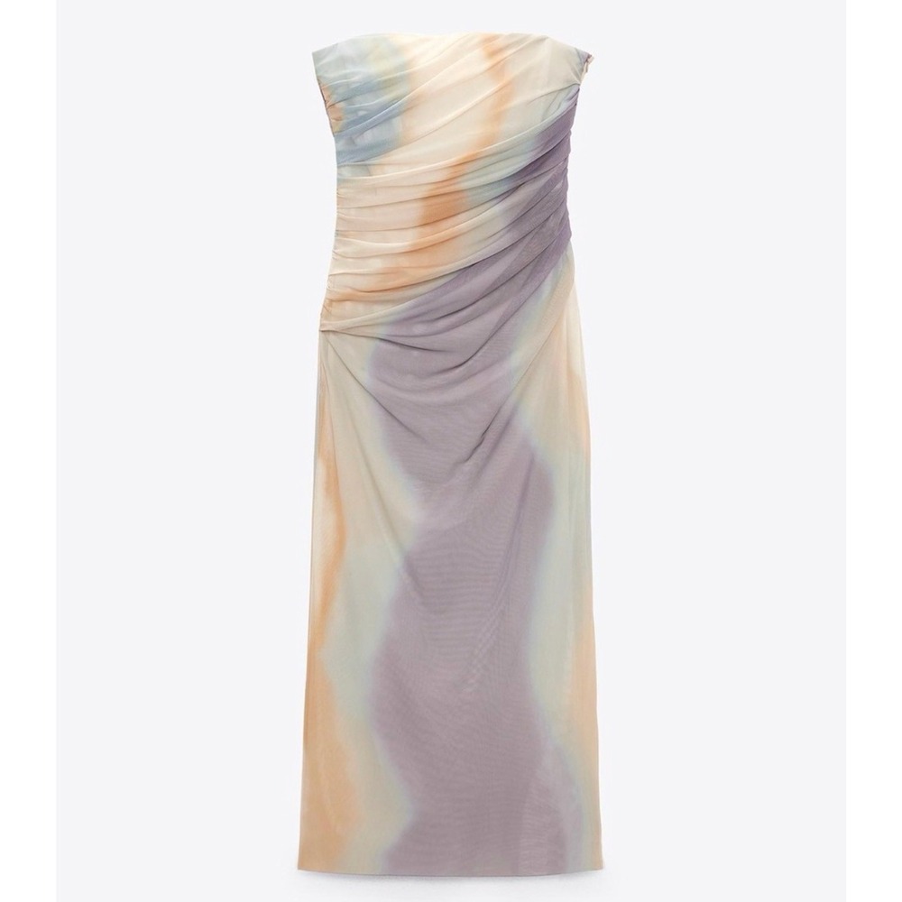 Zara Strapless Ruched Mesh Midi Dress Abstract Print Pastel Size L Fairy Art